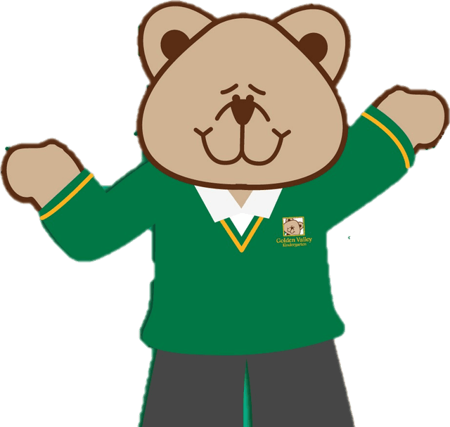 Osito de Golden Valley con el uniforme verde del colegio